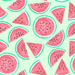 Different shaped pastel chalk pink appetizing ripe watermelon pieces as summer food fresh background.Round half and quarter slices, hand drawn
