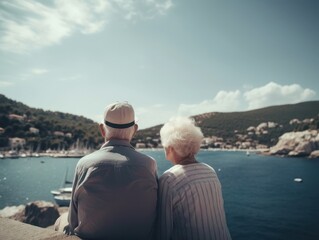 Life after retirement. Senior couple on holidays looking at the sea from viewing terrace. AI generative
