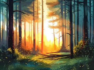 Watercolor forest illustration, highly detailed in a cartoon style
