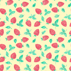 Seamless summer berries pattern with ripe mature red strawberries and green leaves on yellow background. Isolated chalk pastel element for print