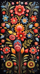 Fototapeta na wymiar A painting of a bouquet of flowers on a black background. Generative AI. Polish folk art.