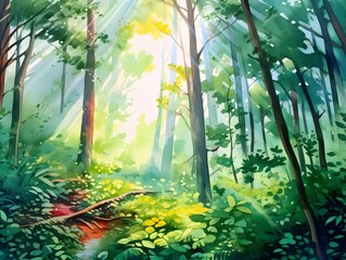 Fototapeta na wymiar Watercolor forest illustration, highly detailed in a cartoon style