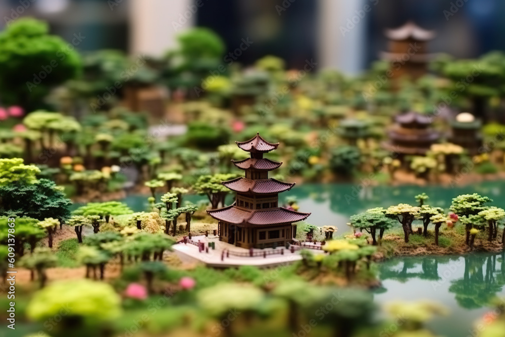 Poster a miniature model of a pagoda surrounded by trees. generative ai.