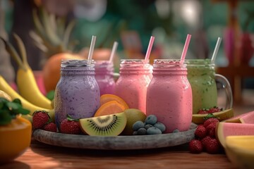 Healthy food smoothies shakes milkshakes, nutrition foods rich in vitamins, minerals and other nutrients, Created with generative AI tools