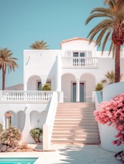 Exterior of luxury Holiday Villa with blue sky and beautiful swimming pool. AI generative