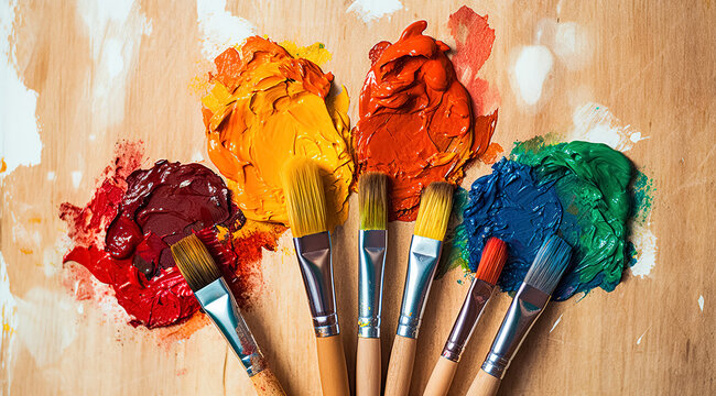 Row of artist paintbrushes closeup on artistic wooden background. Brushes with colorful paints	