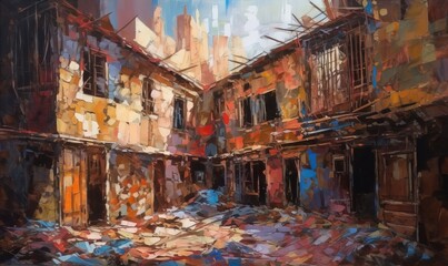  a painting of a city street with buildings and a lot of debris.  generative ai
