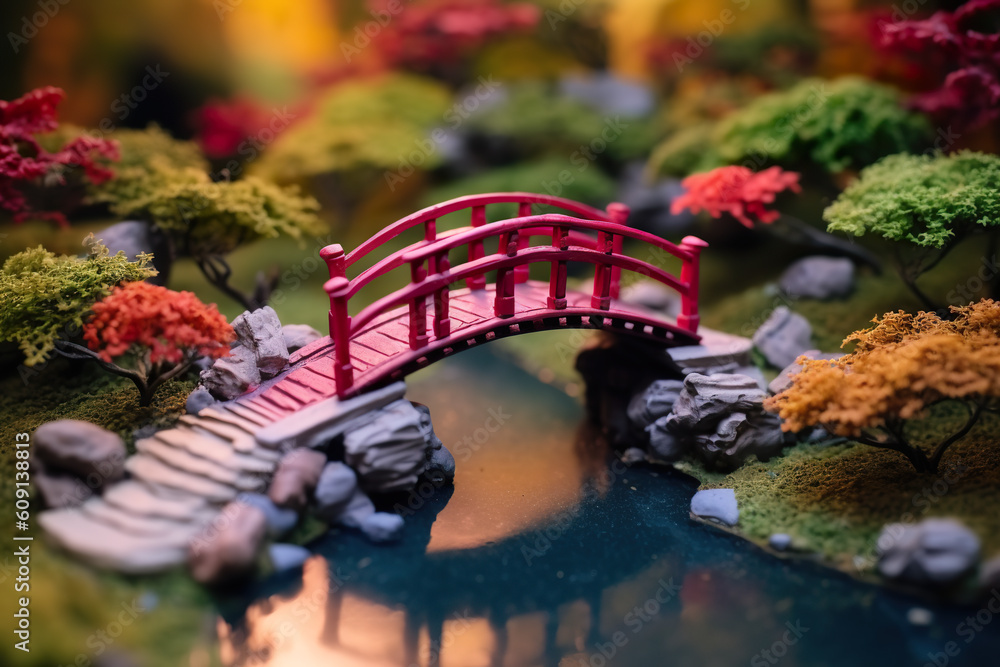 Poster a miniature model of a bridge over a pond. generative ai.