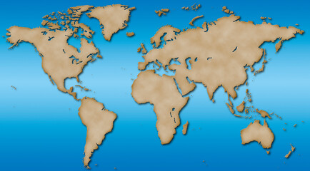 Fototapeta na wymiar world map with land masses represented by parchment, over graduated blue sea