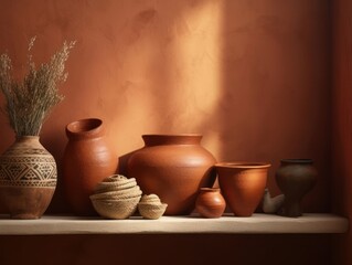 Mediterranean interior template. Wall mockup and terracotta pottery on beige background. AI generative