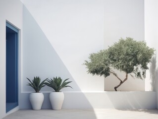 Mediterranean minimal wall and plant exterior architecture. AI generative