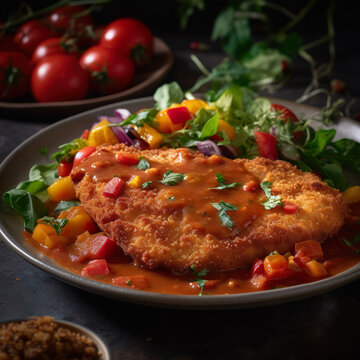 Paprikaschnitzel. Ein paniertes Schnitzel, das mit einer w&uuml;rzigen Paprika-Tomatensauce und buntem Gem&uuml;se wie Paprika, Zwiebeln und Mais garniert wird. Dazu passen Bratkartoffeln oder Pommes frites.