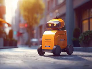 cute orange delivery robot rides the streets of the city at sunny day, Modern delivery concept-robots delivery, ai generative