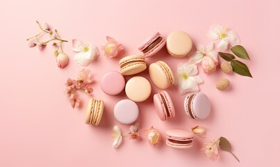  macaroons, macaroons and flowers on a pink background.  generative ai