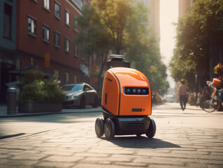 cute orange delivery robot rides the streets of the city at sunny day, Modern delivery concept-robots delivery, ai generative