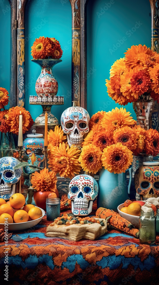 Poster a table topped with lots of oranges and skulls. ai generative. day of the dead picturesque display