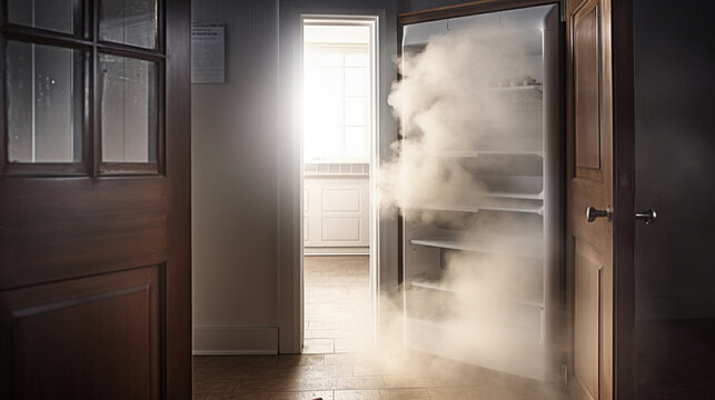 Fog coming out of an open fridge in a dark room.generative ai