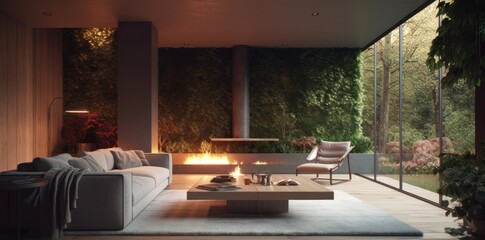Obraz na płótnie Canvas Panoramic view of luxurious living room with fireplace sofa with natural view. Generative AI.