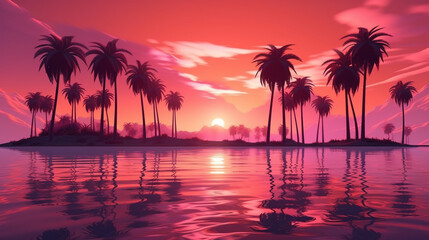Palm trees in the sea at sunset. generative ai