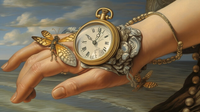A painting of a woman's hand holding a clock. Generative AI. seeing the time fly away.
