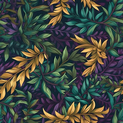 A seamless pattern of green and yellow leaves. Generative AI.