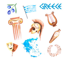 Greek symbols hand drawn watercolor, set of ancient-to-present elements. Travel Greece icons: map, National flag, olive branch, amphora, column, Spartan helmet, bay wreath, lyra, theatrical masks.