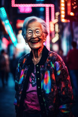 Obraz premium Happy elderly woman wearing neon clothes. Generative AI