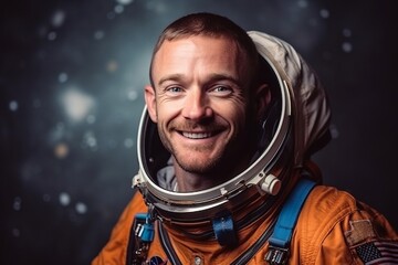 man in his 30s that is wearing an astronaut suit against an outer space backdrop background