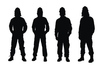 Male mason silhouette on a white background. Male bricklayer silhouette collection. Construction workers wearing uniforms and standing silhouette bundles. Men bricklayers with anonymous faces.