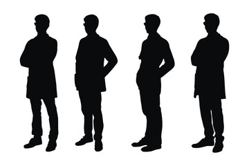 Male doctor and surgeon silhouette collection. Man physician wearing aprons and standing silhouette bundles. Scientist boys with anonymous faces. Male doctor silhouette on a white background.