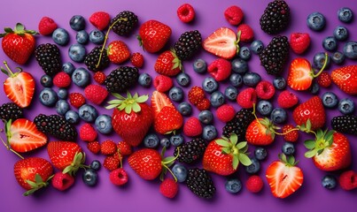  a bunch of berries and strawberries on a purple background.  generative ai