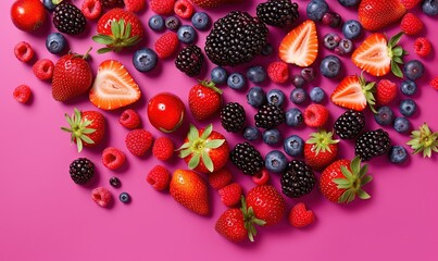  a bunch of berries and strawberries on a pink background.  generative ai
