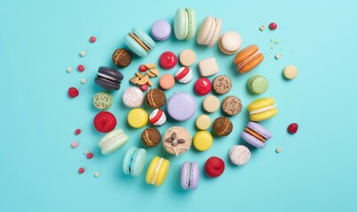  a bunch of different colored macaroons on a blue background.  generative ai