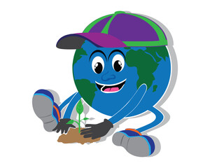 vector cartoon caricature illustration of a blue and green globe sitting wearing a hat with a smiling face and his hands planting a tree and his feet wearing shoes