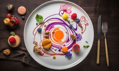  a white plate topped with fruit and a knife and fork.  generative ai
