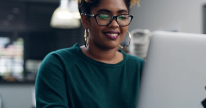 Laptop, student and woman typing in library, e learning or research online in university. Computer, college and happy African female person on the web for knowledge, education or studying on internet