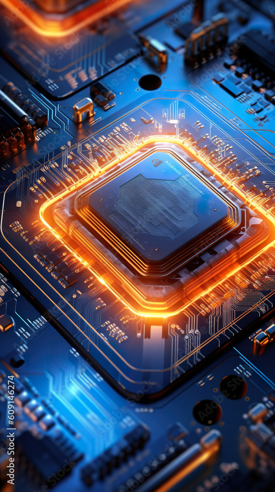Poster a close up of a computer chip on a motherboard. generative ai.