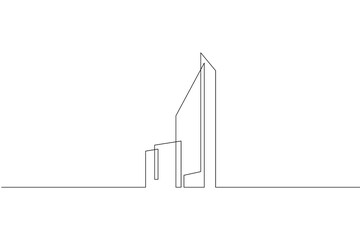 Skyscrapers at home. High-rise residential urban buildings. Skyscrapers logo. One continuous line. Linear.One continuous line drawn isolated, white background.