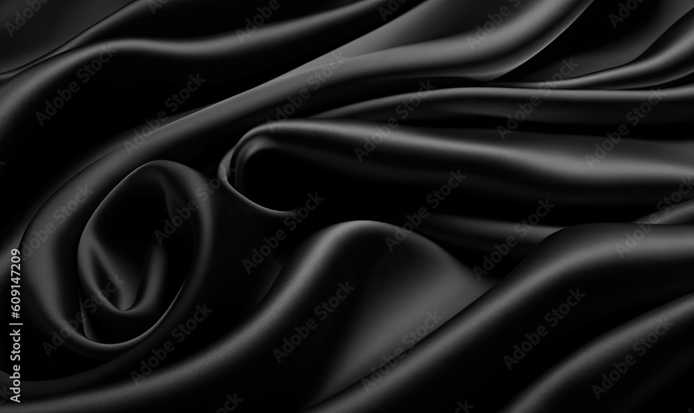 Poster abstract. black silk satin texture background. curtain, drapery. beautiful soft folds on the fabric.