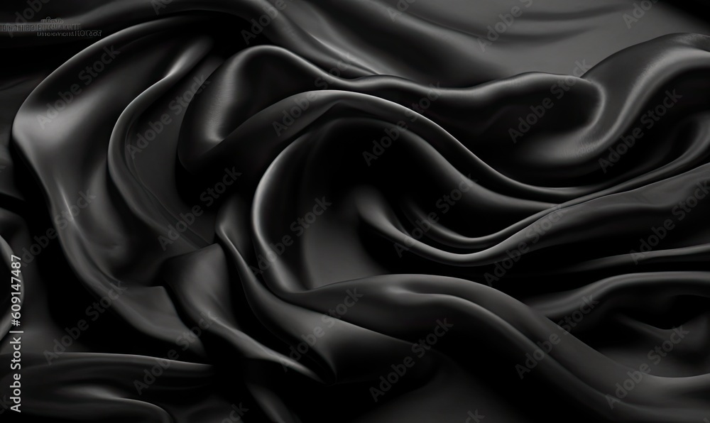 Poster abstract. black silk satin texture background. curtain, drapery. beautiful soft folds on the fabric.