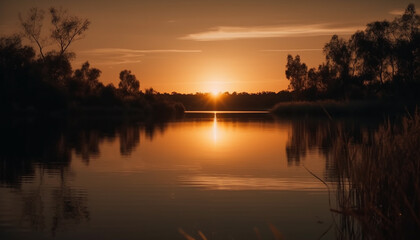 Fototapeta na wymiar Sunset silhouette, tranquil horizon over vibrant seascape generated by AI