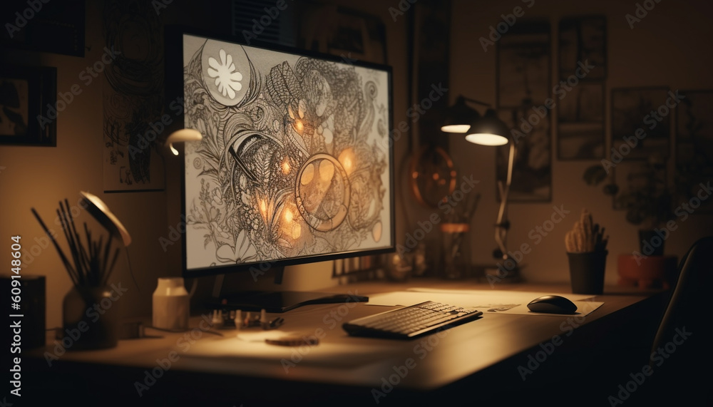 Poster modern businessman working on computer in dark office generated by ai