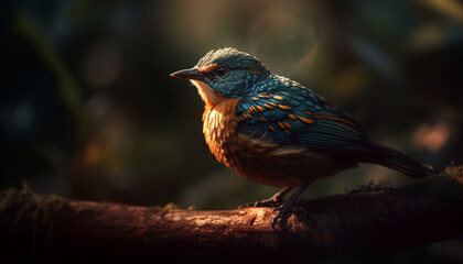 Fototapeta premium Multi colored starling perching on branch outdoors generated by AI