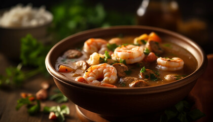 Fresh seafood soup with prawns and herbs generated by AI