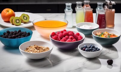  a table topped with bowls filled with fruit and cereals.  generative ai