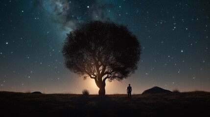 Silhouette of a man standing under a tree with a starry sky background.generative ai