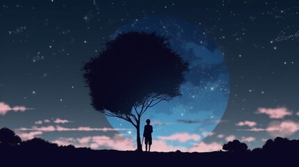 Obraz premium Silhouette of a man standing under a tree with a starry sky background.generative ai