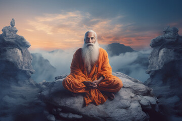 A man with a long white beard sitting on a rock. Generative AI. Buddha, guru purinma celebration. - obrazy, fototapety, plakaty