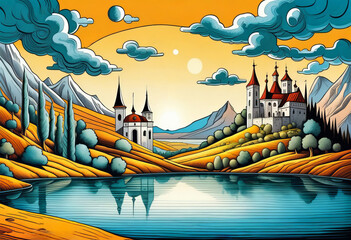 Fantasy Landscape with Castle and Lake. Illustration.