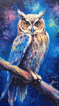 A painting of an owl sitting on a branch. Generative AI.